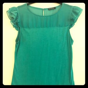 Teal colored blouse with teal mesh neckline